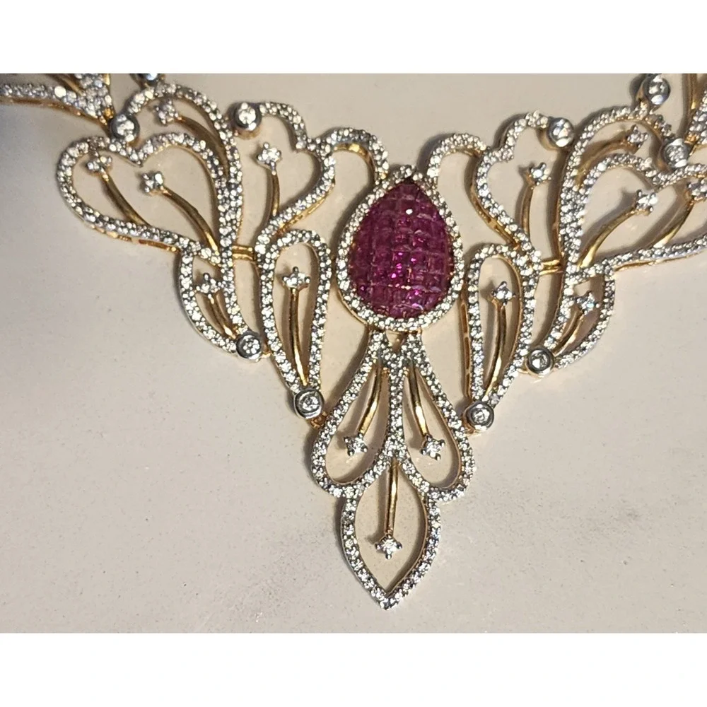 Gold Tone Red Rhinestone Statement Necklace  Chandelier Earrings Set Bollywood